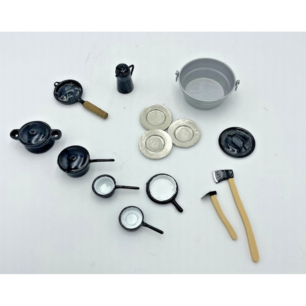 14 Pc Set Miniature Metal Dollhouse Camping Supplies Dishes Pots & Tools
